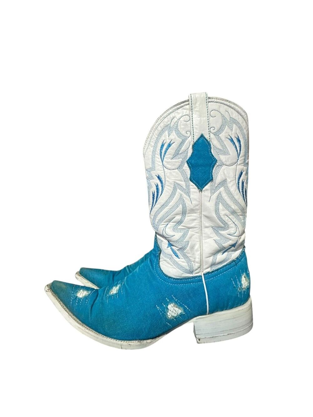 White Diamonds Cowboy Boots Mex 27 Unisex M9 L10 Teal White Distessed Look Denim